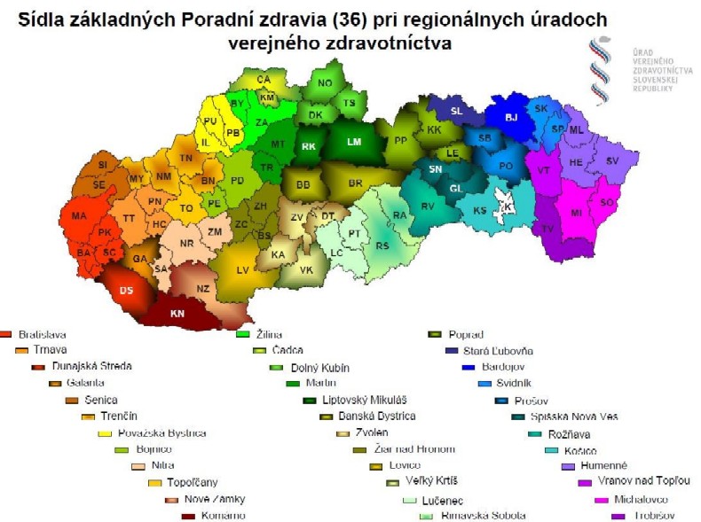 Sídla základných poradní zdravia (36) pri regionálnych úradoch verejného zdravotníctva